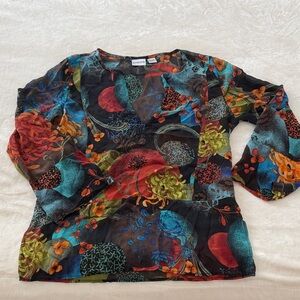 Chico's Black Sheer Floral-Print V-Neck Blouse with Multicolor Accents